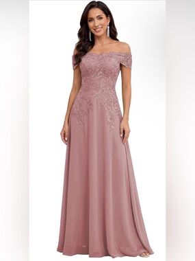 Chiffon Off-Shoulder Lace embellished Bodice Evening Gown in Dusty rose sz 18w